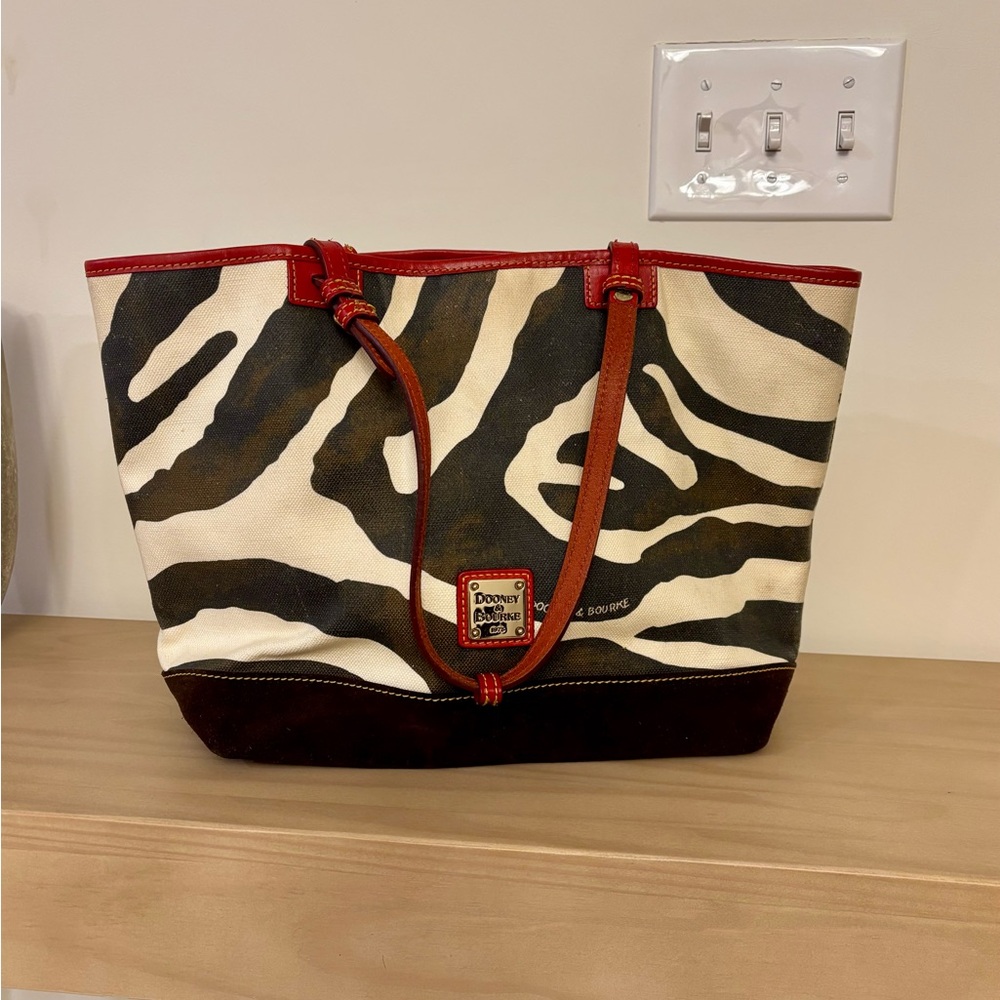 Dooney & Bourke Red and Brown Tote Bag with Zebra Pattern